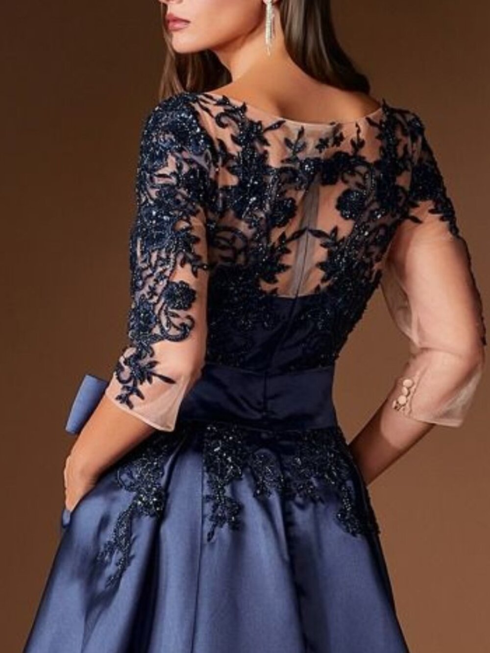 NAVY BLUE FORMAL MOTHER OF THE BRIDE DRESS WITH SLEEVES. NEW LONG LACE MIKADO - Picture 4 of 5
